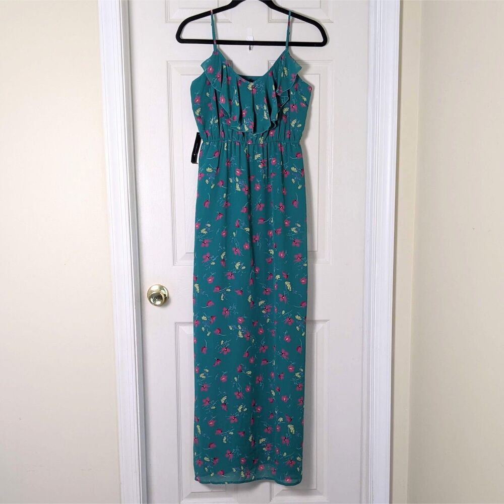NWT Romantic Floral Maxi Dress Teal | Cottagecore Boho Sundress Pockets Slit - Picture 2 of 15
